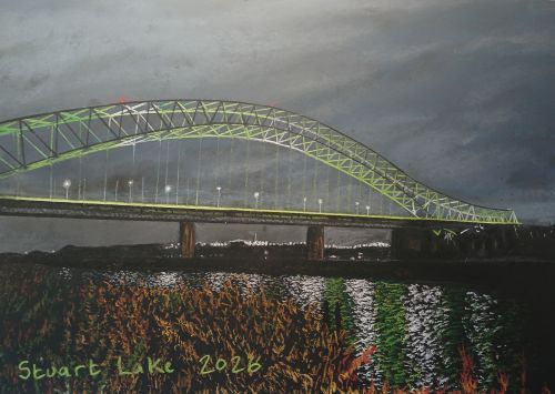 Runcorn Widnes Bridge lit at dusk