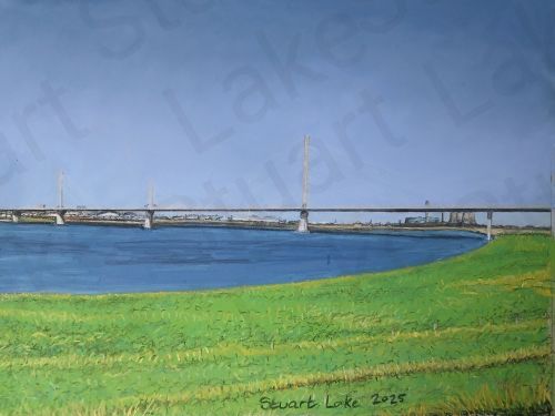 Mersey Gateway Bridge with Fiddlers Ferry Power station in background