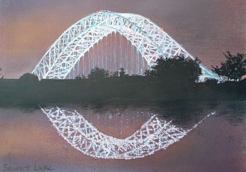 Runcorn Widnes bridge lit up after dark